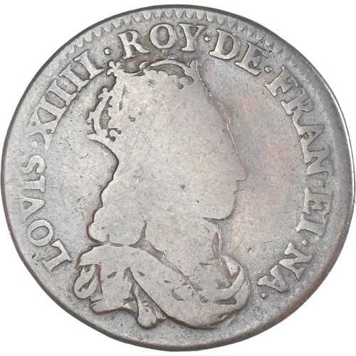 [#341811] コイン、フランス、ルイ 14 世、リアード、1654 年、パリ、VF、銅、KM:191.1 82,885円