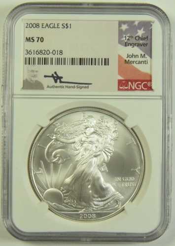 2008年 シルバーイーグル NGC MS-70 ジョン・マーカンティ オートグラフ #20-018