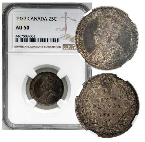 カナダ。ジョージ5世 1927年 25セント銀貨 NGC AU 50 KM-24a