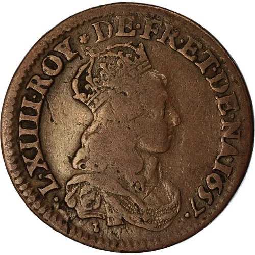 [#489712] コイン、フランス、ルイ 14 世、リアード、1657 年、コルベイユ、フォーテ、ダブル アヴェール、V