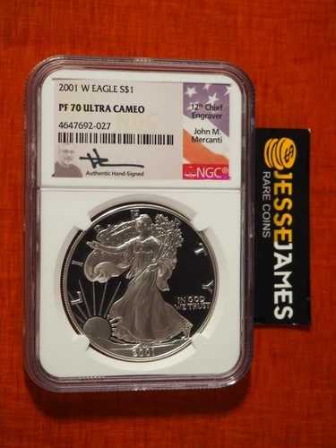 2001 W プルーフ シルバー イーグル NGC PF70 ウルトラ カメオ ジョン マーカンティ サイン入り フラッグ ラベル!