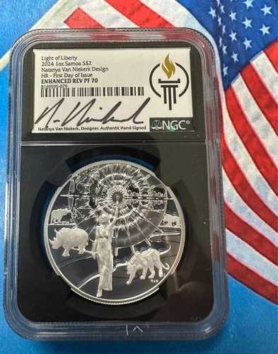 2024 1オンス シルバー サモア ライト・オブ・リバティ FDOI NGC PF70 本物 直筆サイン入り