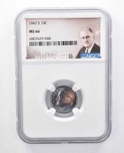 1947-S ルーズベルト ダイム MS66 NGC ブルー/パープルトーン *7934
