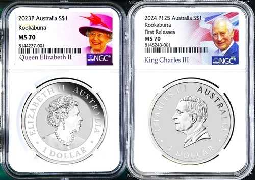 2枚セット ファイナルクイーン＆初代キングチャールズ像 クッカバラ 1オンス シルバー NGC MS70