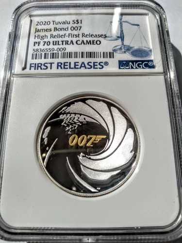 2020年 ジェームズ・ボンド 007 ハイレリーフ シルバー プルーフ 1ドル 1オンス コイン NGC PF70 UC 箱・鑑定書付き
