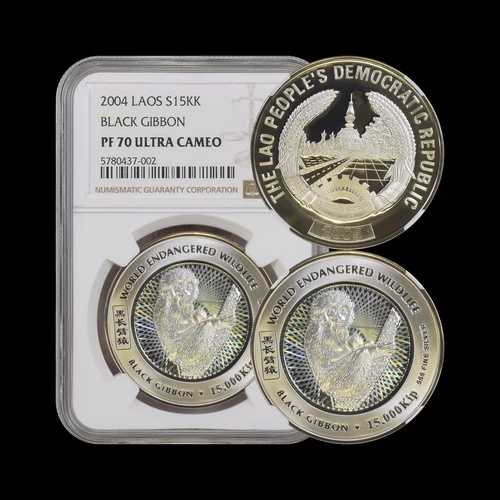 ラオス。15000キップ、2004年、シルバー - NGC PF70 - トップポップ ?? クロテナガザル ?? ホロ｜WORLD RESOURCE【QUEEN店】