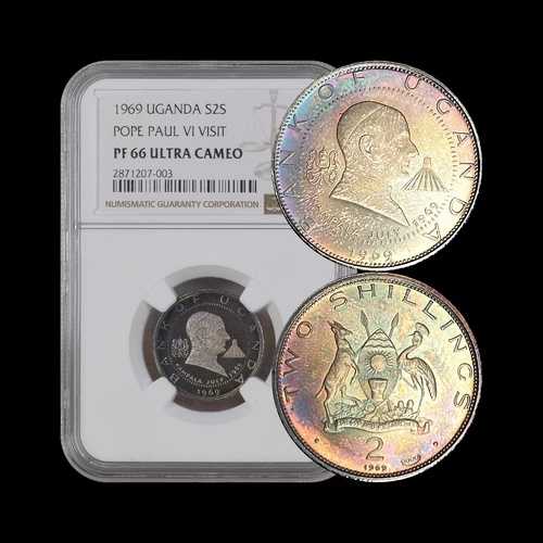 ウガンダ 1969年 2シリング 銀貨 - NGC PF66 - ?? トーン加工 教皇パウロ6世訪問