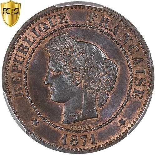 [#970668] フランス、5 サンタイム、セレ、1871 年、パリ、ブロンズ、PCGS、MS65BN、ガドゥリー: