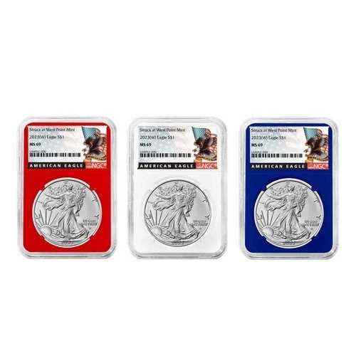 3枚セット - 2023年 (W) $1 1オンス アメリカン シルバー イーグル NGC MS69 ブラックラベル レッド ホワイト