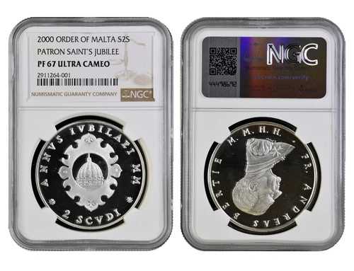 マルタ騎士団 2 スクディ 2000 シルバー NGC PF67UC「守護聖人の記念年」
