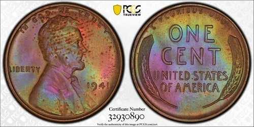 1941年 リンカーン ウィートセント ペニー PCGS MS64RB ジェム モンスター レインボー トーニング トーン