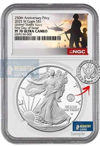 2025-S プルーフ $1 250th NAVY US Privy Silver Eagle NGC PF70 UC 初日 ×