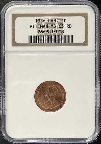 1936年 カナダ 1セント ピットマン 主要日付 NGC MS-65 赤 ? KM 28 ジョージ5世