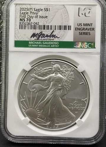 2025年 (P) 1ドル シルバーイーグル イーグル・プリヴィ NGC MS70 FDOI ガウディオソ署名入り