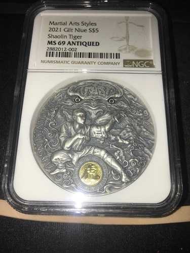 2021 ニウエ $5 少林寺、NGC グレード**MS-69 アンティーク** 2オンス .999 Ag 金メッキ