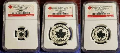 2015年 カナダ $1 $3 $4 メープルリーフ .999 NGC PR69 プルーフインキューズ コイン 3枚セット