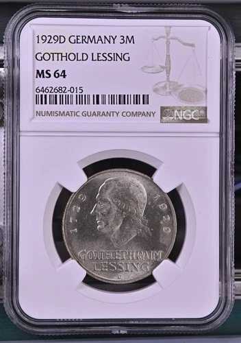 ドイツ 3 マーク 1929 D ゴットホルト レッシング - NGC MS 64