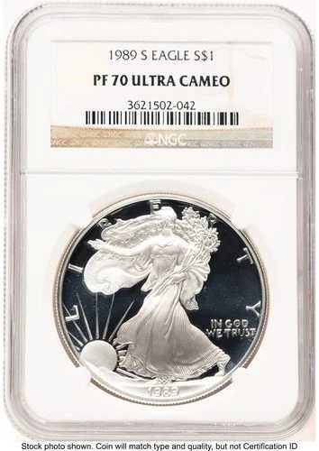 1989-S プルーフ シルバー イーグル 1オンス ブラウンラベル NGC PF70 (752100156)