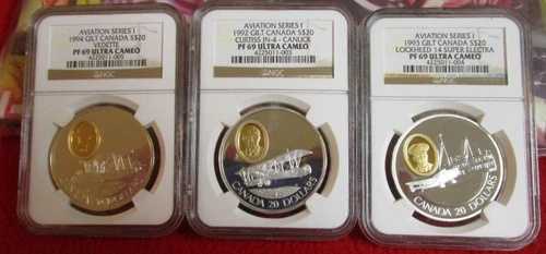 1992年、1993年、1994年 - カナダ 20ドル .925 航空シリーズ #1 24KT .999 シルバー NGC PF69