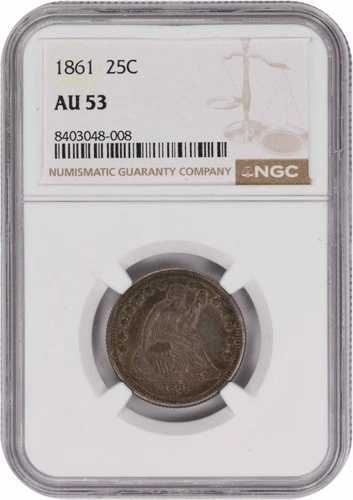 1861年 自由の女神像 銀貨 25セント AU53 NGC