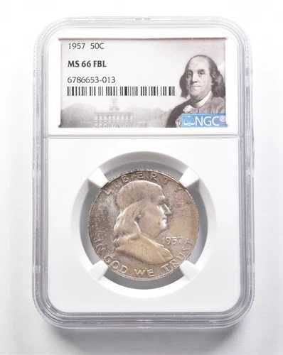 1957年 フランクリン ハーフダラー MS66 FBL NGC 美しいトーン *7488