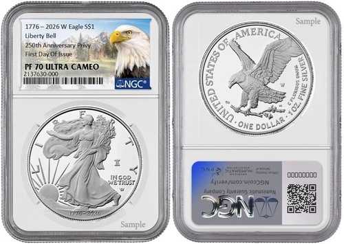 2026年以前のWシルバーイーグルS$1リバティベルプライベートNGC PF 70 UC初日発行#1843
