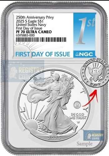 2025-S プルーフ $1 250th NAVY US Privy Silver Eagle NGC PF70 UC 初日 - FDOI