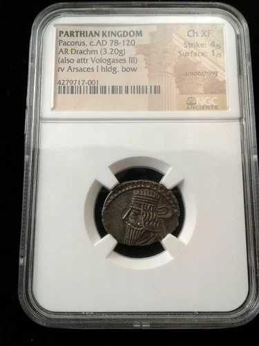 パルティア王国パコルス紀元78-120年 NGC Ch XF AR ドラクマ ヴォロガセス アルサケス 弓付き