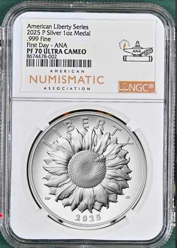 2025 P NGC PF70 アメリカンリバティ 1オンス シルバープルーフメダル - ANA 初日発行