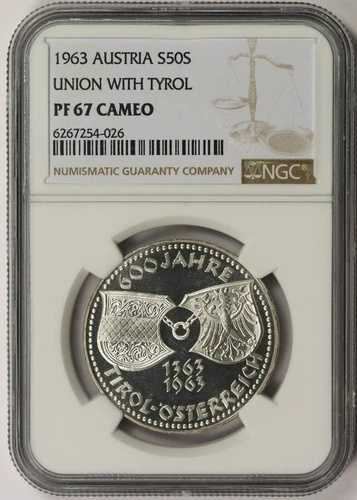 1963年 オーストリア・チロル連合銀貨 50シリング PF 67 カメオ NGC