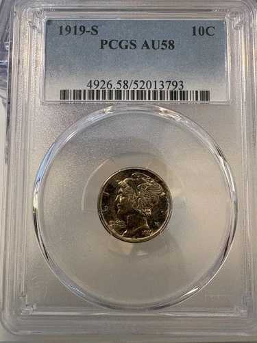 1919-S マーキュリー ダイム PCGS AU-58 - 表面の色調が良好!