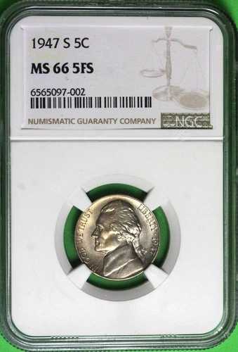 1947年 S ジェファーソン・ニッケル：鮮明な NGC MS66 フルステップ ~ クレイジーなローポップの例