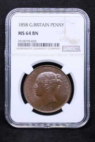 1858年 ペニー金貨。イギリス、ヴィクトリア女王、ペニー。NGC MS 64 BN