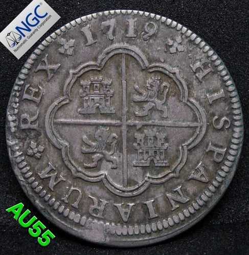 1719 F スペイン 2レアル セゴビア .NGC AU 55、トップポップ