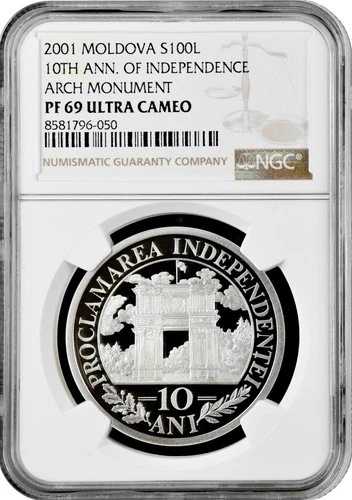 モルドバ 100 レイ 2001、NGC PF69 UC、「独立10周年記念」トップポップ