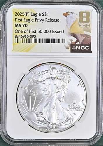 2025年 (P) 1ドル アメリカン シルバー イーグル NGC MS 70 初回発行5万枚 - イーグル・プリヴィ