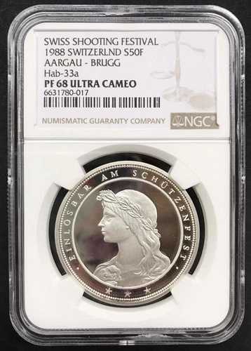 スイス 1988年 銀貨 50フラン 射撃 Taler AARGAU NGC PF68 ウルトラカメオ