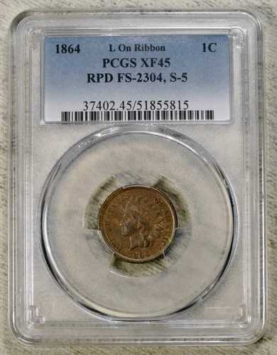 1864-L インディアンセント、スノー5、再打刻日付、RPD、PCGS XF-45