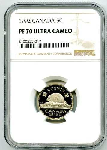 1992年 カナダ 5セント NGC PF70 UCAM プルーフ発行 ニッケル レア トップポップ
