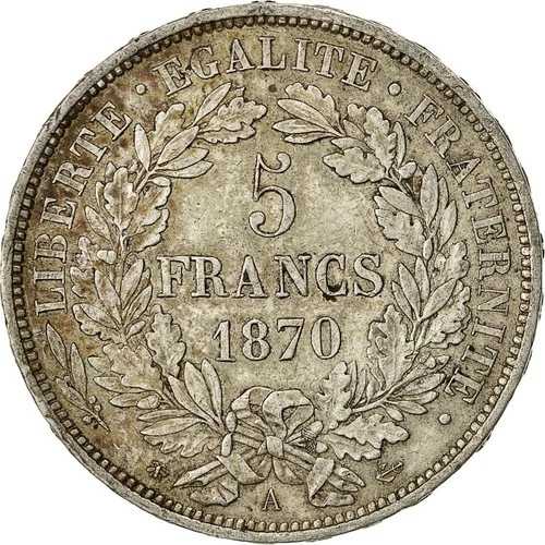 [#491414] コイン、フランス、セレ、5 フラン、1870、パリ、AU(55-58)、シルバー、KM:819