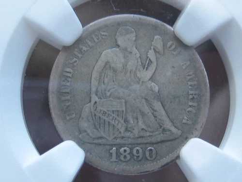 1890年 S 着席リバティ銀貨 10セント硬貨 - S ファーレフト、希少なスモール S、F-108、NGC Fine 12