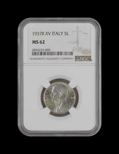 イタリア。1937年、5リラ、銀、R - NGC MS62 - 母と子、豊穣、ローマ