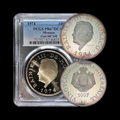 モナコ 1974年 100フラン 銀貨 - PCGS PR67 - レーニエ3世（治世25年）?? トーンあり