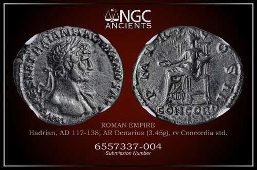 NGC Ch VF ローマ銀貨 ハドリアヌス帝 西暦117-138年 ローマ デナリウス . A1103
