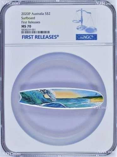 2020年 サーフボード 2オンス カラーシルバー オーストラリア $2 コイン NGC MS 70 FR｜WORLD RESOURCE【QUEEN店】
