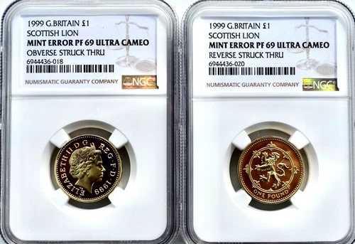1999年 エラー 1ポンド スコットランド ライオン NGC PF69 表面と裏面にストライクスルー