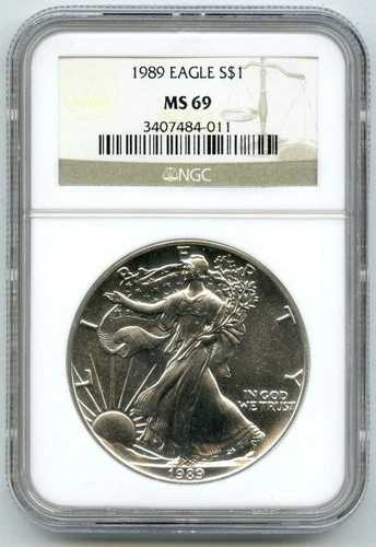 1989年 アメリカンイーグル 1オンス シルバードル NGC MS69 認定 オンス 地金 - P595
