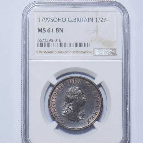 1799年ハーフペニー（NGC MS 61 BN） - ジョージ3世英国銅貨 - 非常に良い 44,330円