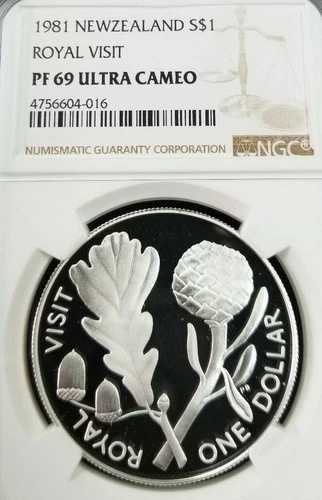 1981年 ニュージーランド シルバードル S$1 ロイヤルビジット NGC PF 69 ウルトラカメオ トップポップ