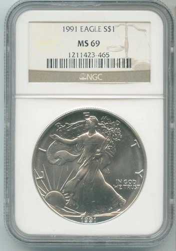 1991年 1ドル シルバーイーグル 1オンス NGC MS69 コイン認定 - RK697
